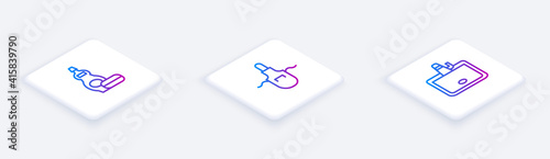 Set Isometric line Dishwashing liquid bottle, Kitchen apron and Washbasin. White square button. Vector.