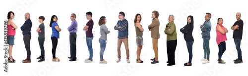 profile view of a group of men and women with crossed arms on white background