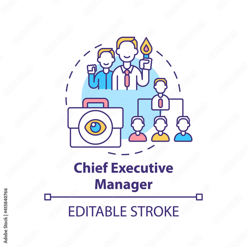 Chief executive manager concept icon. Top management positions. Corporate executives managing organization. Job idea thin line illustration. Vector isolated outline RGB color drawing. Editable stroke Chief executive manager concept icon. Top management positions. Corporate executives managing organization. Job idea thin line illustration. Vector isolated outline RGB color drawing. Editable stroke