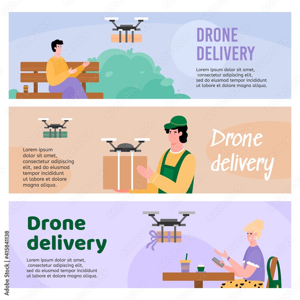 Set banners for drone delivery service with cartoon people, vector ...