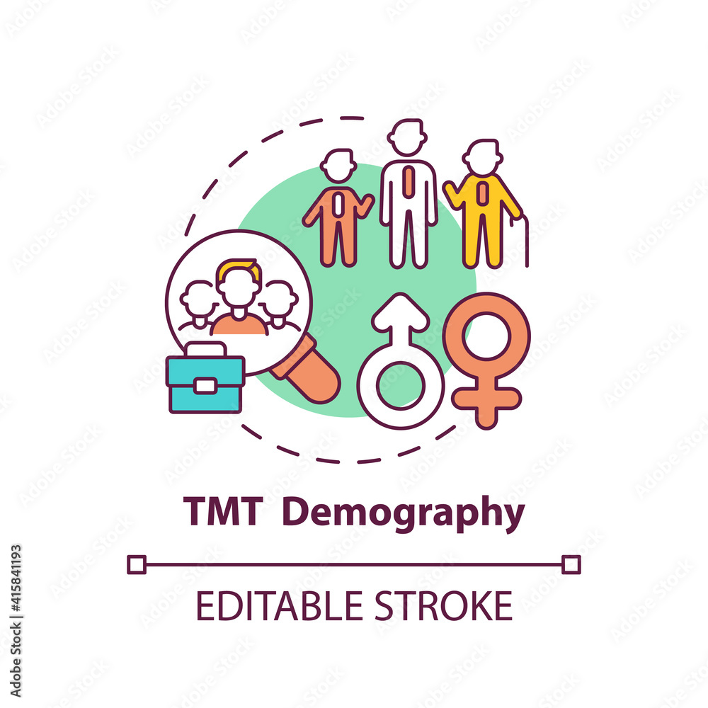 Tmt demography concept icon. Top management team analysis criteria. Range of people age. Organization idea thin line illustration. Vector isolated outline RGB color drawing. Editable stroke Tmt demography concept icon. Top management team analysis criteria. Range of people age. Organization idea thin line illustration. Vector isolated outline RGB color drawing. Editable stroke