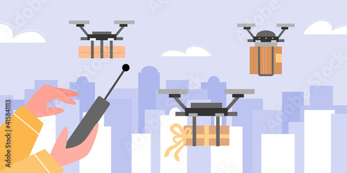 Drone delivery service. Human hands control the copters flying on cityscape background with boxes and gifts. Smart technology delivery of packages to customers. Vector illustration
