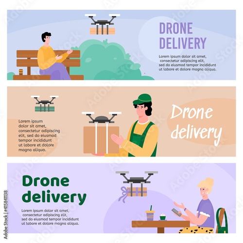 Set banners for drone delivery service with cartoon people, vector illustration. Bundle of flyers or posters with delivery drone bringing packages to clients.