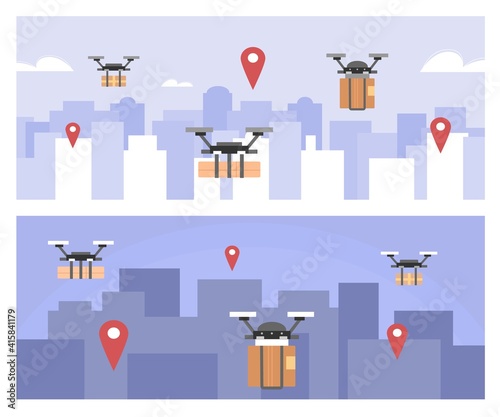 Set of cityscape backgrounds with flying delivery drone copters, cartoon vector illustration. Drone delivery service banners or flyers templates collection.