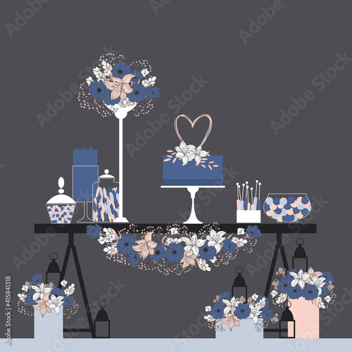 Wedding candy bar with cake and flowers. Dessert table.  Vector illustration.