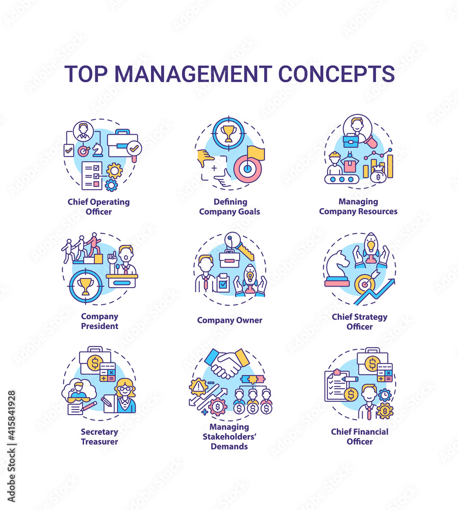 Top management concept icons set. Managing stakeholders demands. Chief executive manager. Organization idea thin line RGB color illustrations. Vector isolated outline drawings. Editable stroke Top management concept icons set. Managing stakeholders demands. Chief executive manager. Organization idea thin line RGB color illustrations. Vector isolated outline drawings. Editable stroke