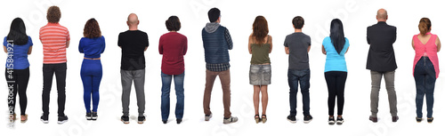rear view of a group of woman and men with arms crossed on white background