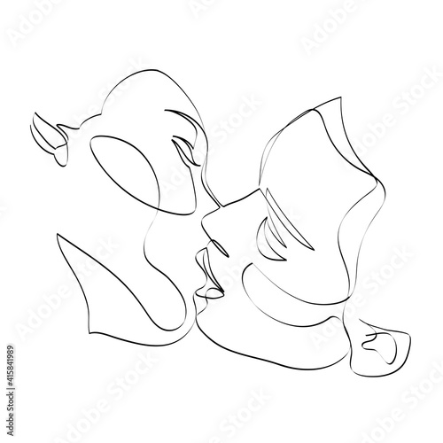 Kiss. Two faces drawing with lines, beauty and love concept, minimalist, vector illustration for t-shirt, print design, covers, web