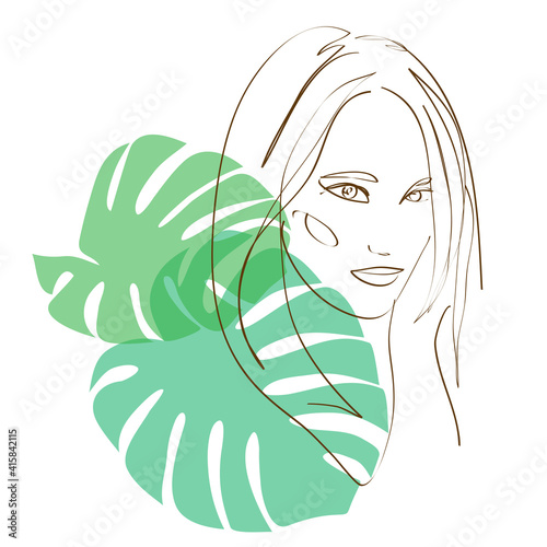 Abstract female face with tropical leaves drawing with lines, quick sketch, fashion concept, woman beauty minimalist, vector illustration for t-shirt, print design, covers, web