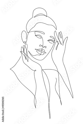 Woman beauty. Abstract female portrait, continuous line style. Minimalist fashion design, quick sketch, vector illustration for t-shirt, prints, covers, posters, logo, tattoo