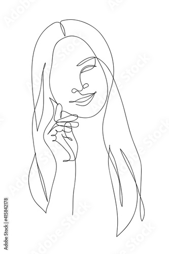 Woman beauty. Abstract female portrait, continuous line style. Minimalist fashion design, quick sketch, vector illustration for t-shirt, prints, covers, posters, logo, tattoo