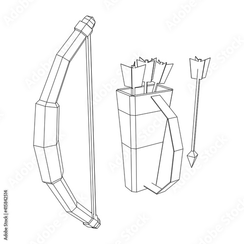 Medieval Bow and arrow archer weapon. Wireframe low poly mesh vector illustration.