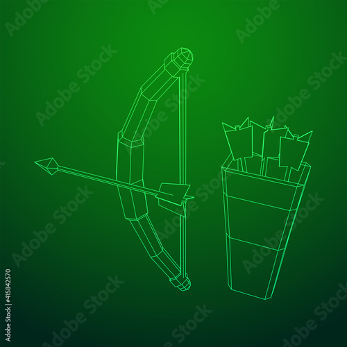 Medieval Bow and arrow archer weapon. Wireframe low poly mesh vector illustration.