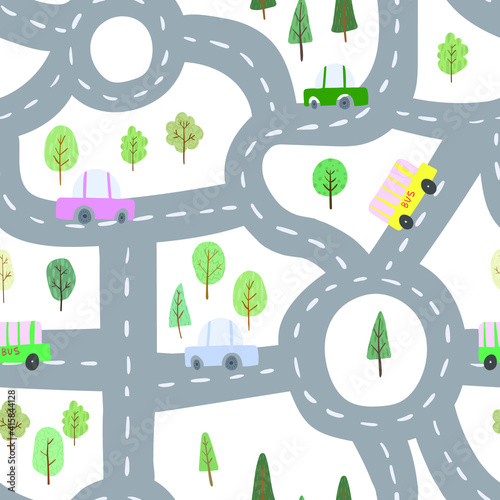 Seamless pattern with roads and cars

