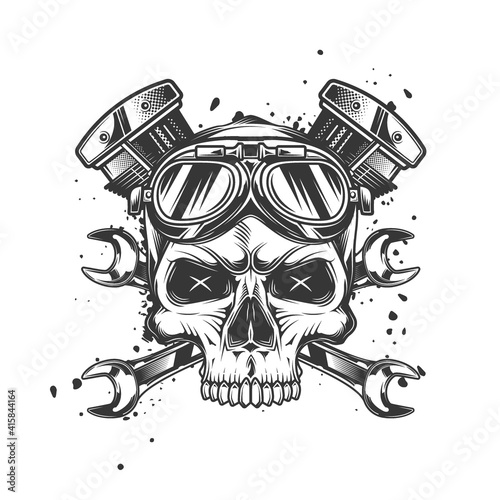 Skull in motorcycle glasses on the background of wrenches and engine. Vintage vector illustration. T-shirt design, emblems
