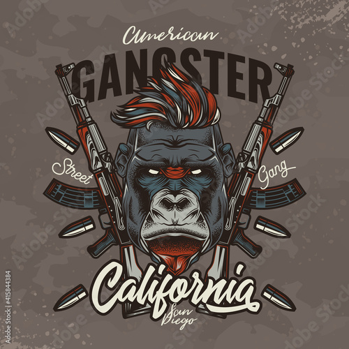 Original vector illustration in retro style. Angry gorilla-hipster on the background of automatic weapons and bullets.