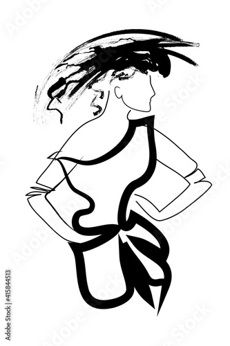 Fashion Woman wearing stylish dress, gloves and hat. Abstract female portrait. Contemporary design, vector illustration for t-shirt, prints, covers, posters, logo