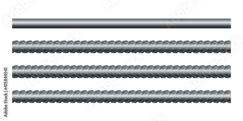 Vector illustration seamless steel rebars on white background. Set of realistic metal rods and bars for building and construction. Endless rebars. Metal reinforcement steel. Construction armature.