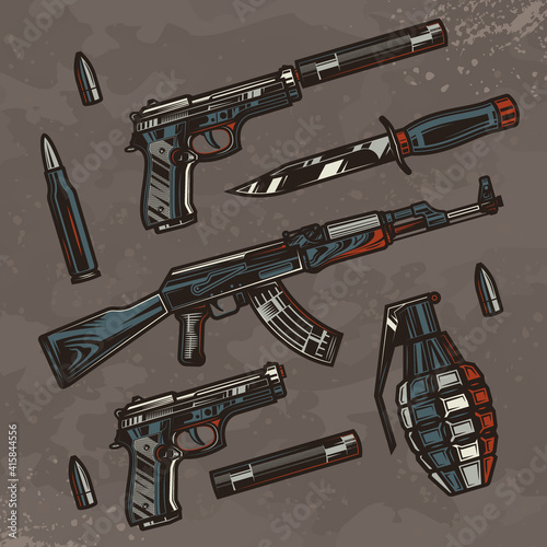 Original color vector military set in vintage style on camouflage background.