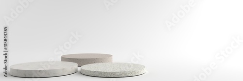 3D rendering of Round marble Pedestal, Podium for display product on the white floor. Pedestal can be used for commercial advertising, Isolated on white background, Product Presentation, illustration. photo