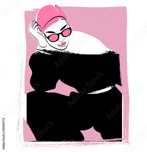 Fashion girl wearing stylish black clothes and sun glasses with pink hair. Abstract woman's portrait. Contemporary design, vector illustration for t-shirt, prints, covers, posters, logo
