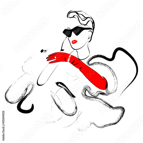Fashion Woman wearing stylish dress, red gloves with jewelry and sun glasses. Abstract female portrait. Contemporary design, vector illustration for t-shirt, prints, covers, posters, logo