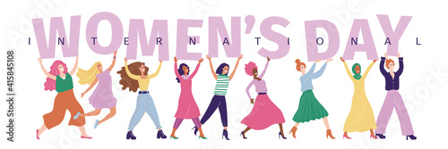 Womens day (IWD) - International  women's rights Day and femininity day. 8 March. Different nationalities. Set of vector illustrations for greeting card, banner. Minimal trendy woman. Multicultural.