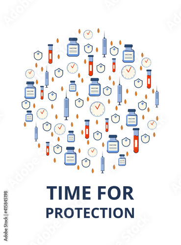 Time of vaccination against covid-19. Virus protection. Testing for antibodies. Background with elements in a circle. Place for text. Isolated concept on white background. Vector illustration