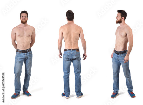 front, back and side view of a man shirtless and with blue jeans on white background