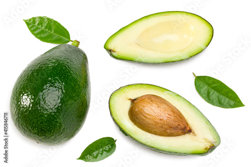 fresh avocado with slices isolated on white background. top view. clipping path