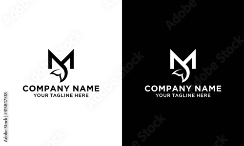 letter m fish whale tail design symbol vector,  on a black and white background.