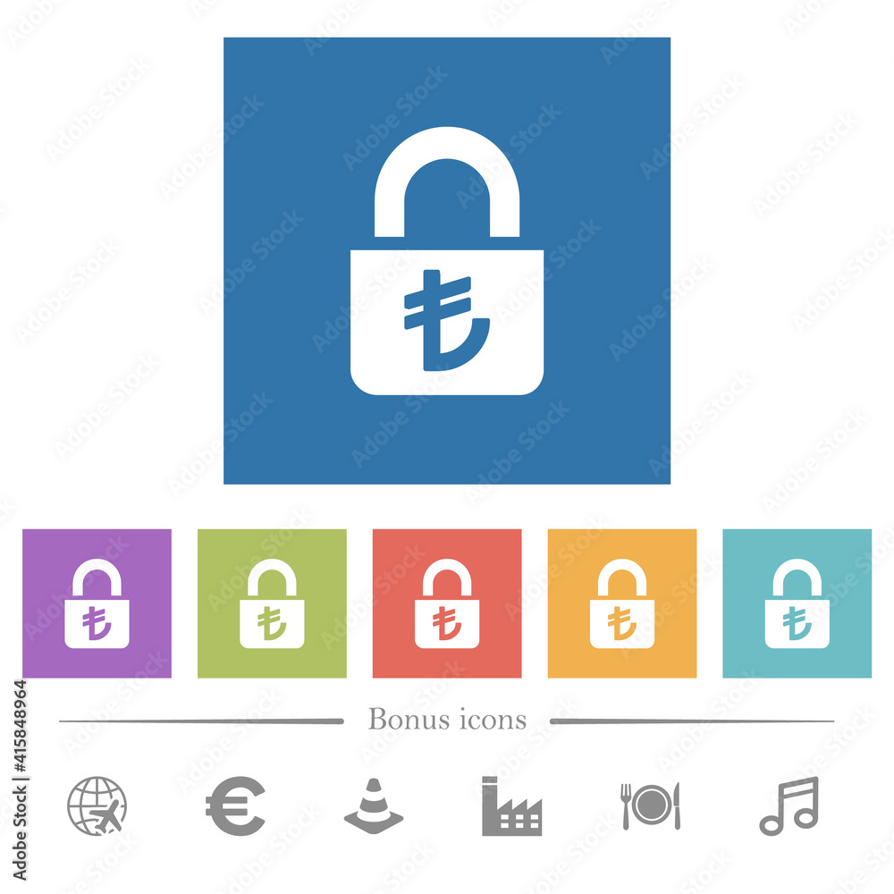 Locked lira flat white icons in square backgrounds Locked lira flat white icons in square backgrounds