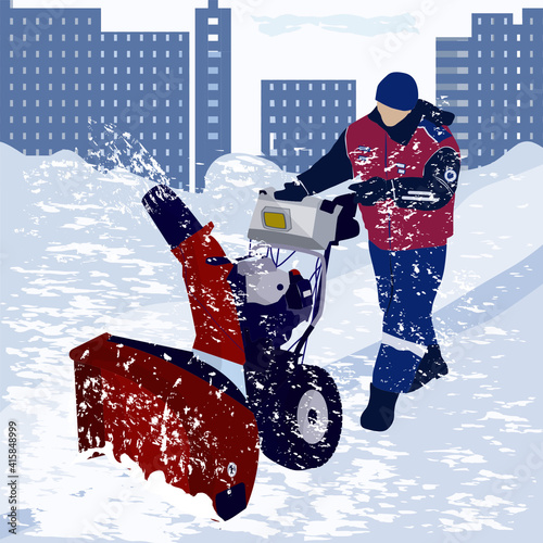Snowblower, worker in overalls, winter city landscape, snowdrifts - vector.