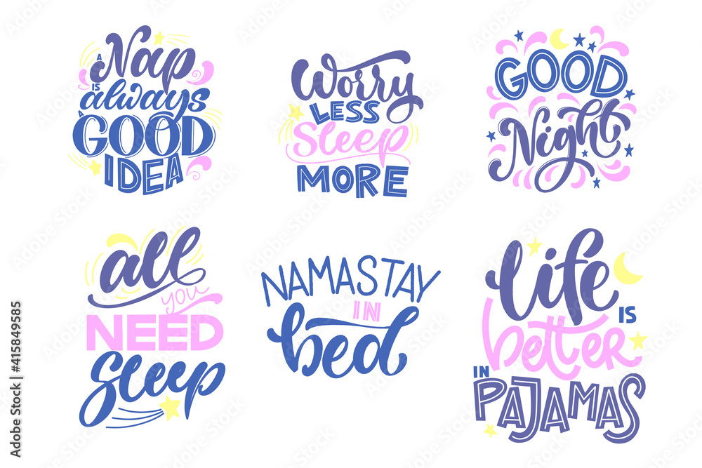 Funny sleep and good night quotes set. Vector design elements for t-shirts, pillow, posters, cards, stickers and pajama Funny sleep and good night quotes set. Vector design elements for t-shirts, pillow, posters, cards, stickers and pajama