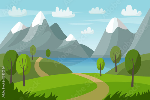 Mountain vector landscape with green hills, trees, lake and road. Nature summer illustration. Nature tourism.