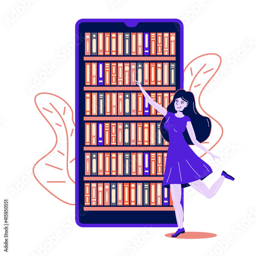 Young woman chooses books in an online bookstore on a smartphone Online mobile library concept famale character cartoon vector Illustration.