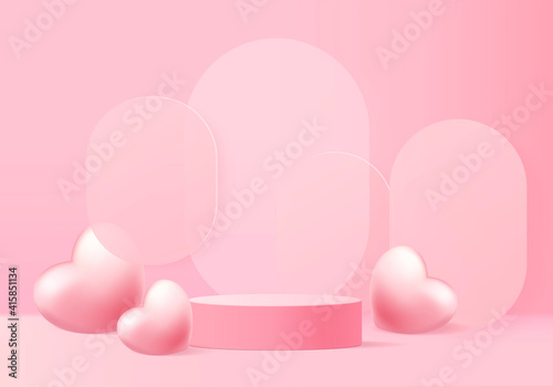 3d background products valentine podium in love platform. heart background vector 3d rendering with cylinder. podium stand to show cosmetic product. Stage romance showcase on pedestal pink love studio