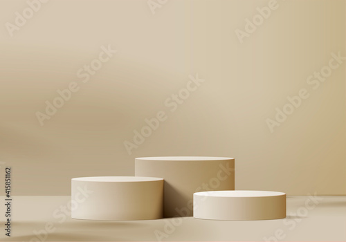 3d display product beige minimal scene with geometric podium platform. cylinder background vector 3d rendering with podium. stand for cosmetic products. Stage showcase on pedestal 3d beige studio photo