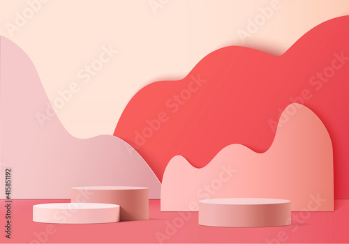 3d display product abstract minimal scene with geometric podium platform. cylinder background vector 3d rendering with podium. stand for cosmetic product. Stage showcase on pedestal 3d pink red studio