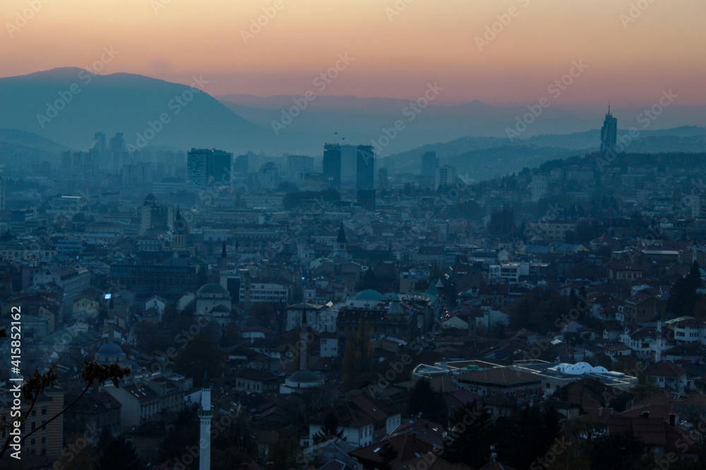 Colorful sky and sunset over Sarajevo. City of Sarajevo before night. Sarajevo, Bosnia and Herzegovina.