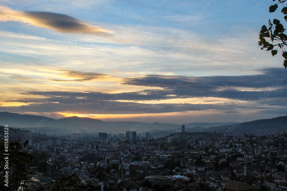 Fototapeta premium City of Sarajevo. Sarajevo after sunset. Panorama of the city of Sarajevo after sunset.
