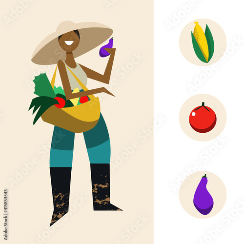 Woman harvesting vegetables and fruits flat vector food vector illustration