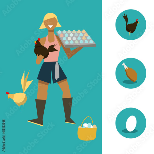 Female Farmer with chickens and eggs flat modern vector. Food Icons vector spot illustration set (ID: 415853568)