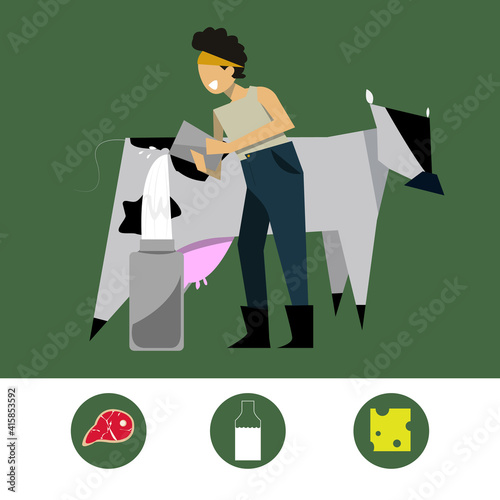 Farmer with cow, flat cartoon food icons vector illustration (ID: 415853592)