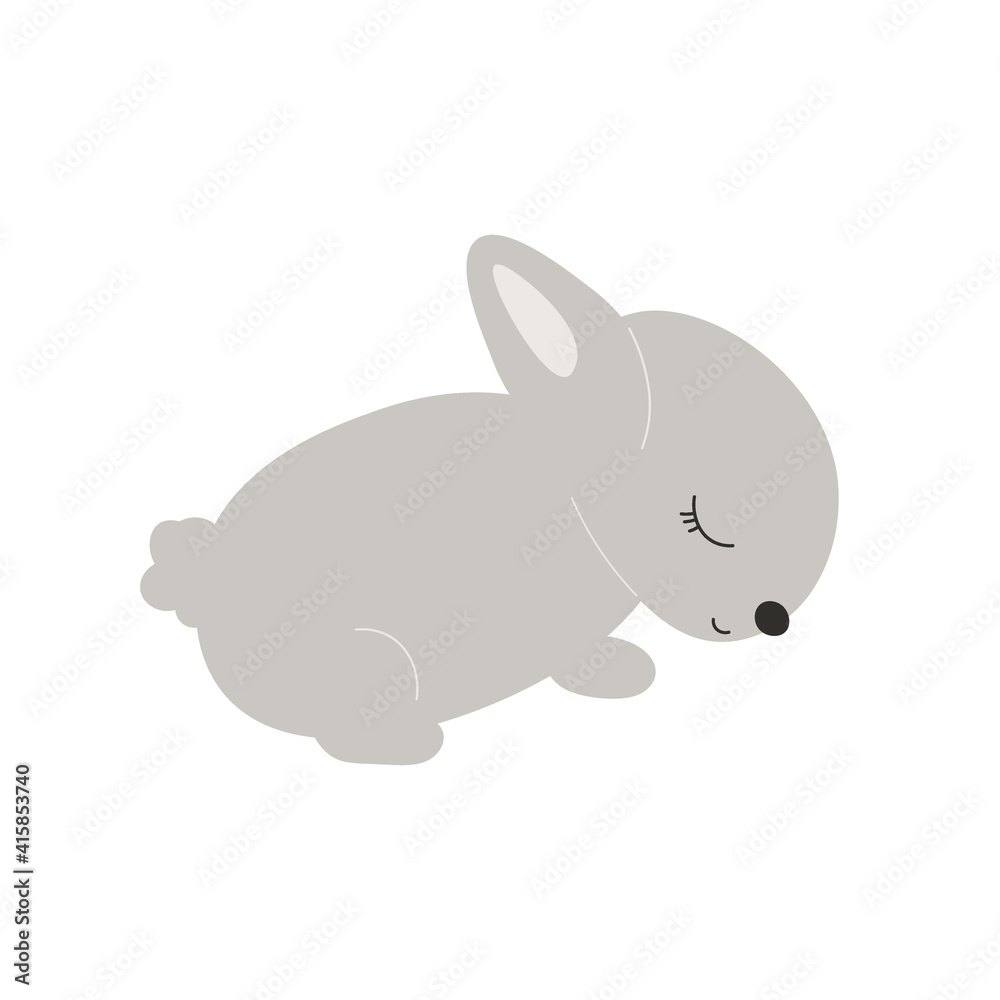 Grey Baby Bunny. Little Rabbit. Cute Easter Animal. Hares Vector Kids Illustration isolated on background. Design for card, print, book, kids story Grey Baby Bunny. Little Rabbit. Cute Easter Animal. Hares Vector Kids Illustration isolated on background. Design for card, print, book, kids story