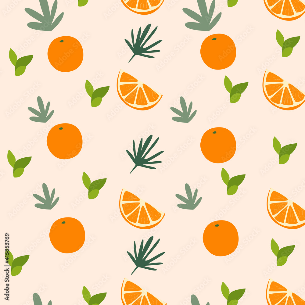 Tropical summer seamless pattern, orange and palm branches, vector illustration Tropical summer seamless pattern, orange and palm branches, vector illustration
