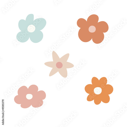Vector set with Abstract Pink and Blue Flowers a White Background. Irregular Hand Drawn Simple Floral Print.