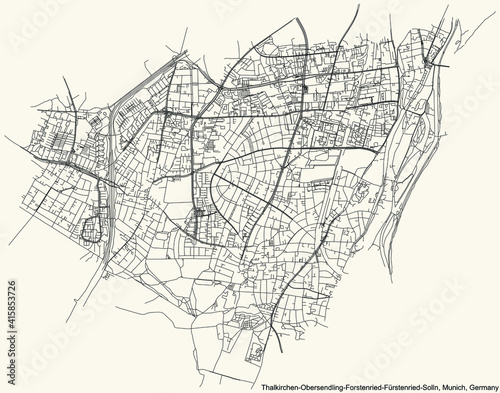 Black simple detailed street roads map on vintage beige background of the quarter Thalkirchen-Obersendling-Forstenried-Fürstenried-Solln borough (Stadtbezirk) of Munich, Germany