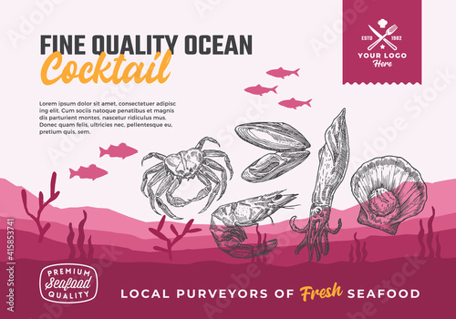 Fine Quality Organic Ocean Cocktail. Abstract Vector Food Packaging Design or Label. Modern Typography and Hand Drawn Seafood Silhouettes. Sea Bottom Landscape Background Layout with Banner