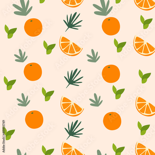 Tropical summer seamless pattern, orange and palm branches, vector illustration